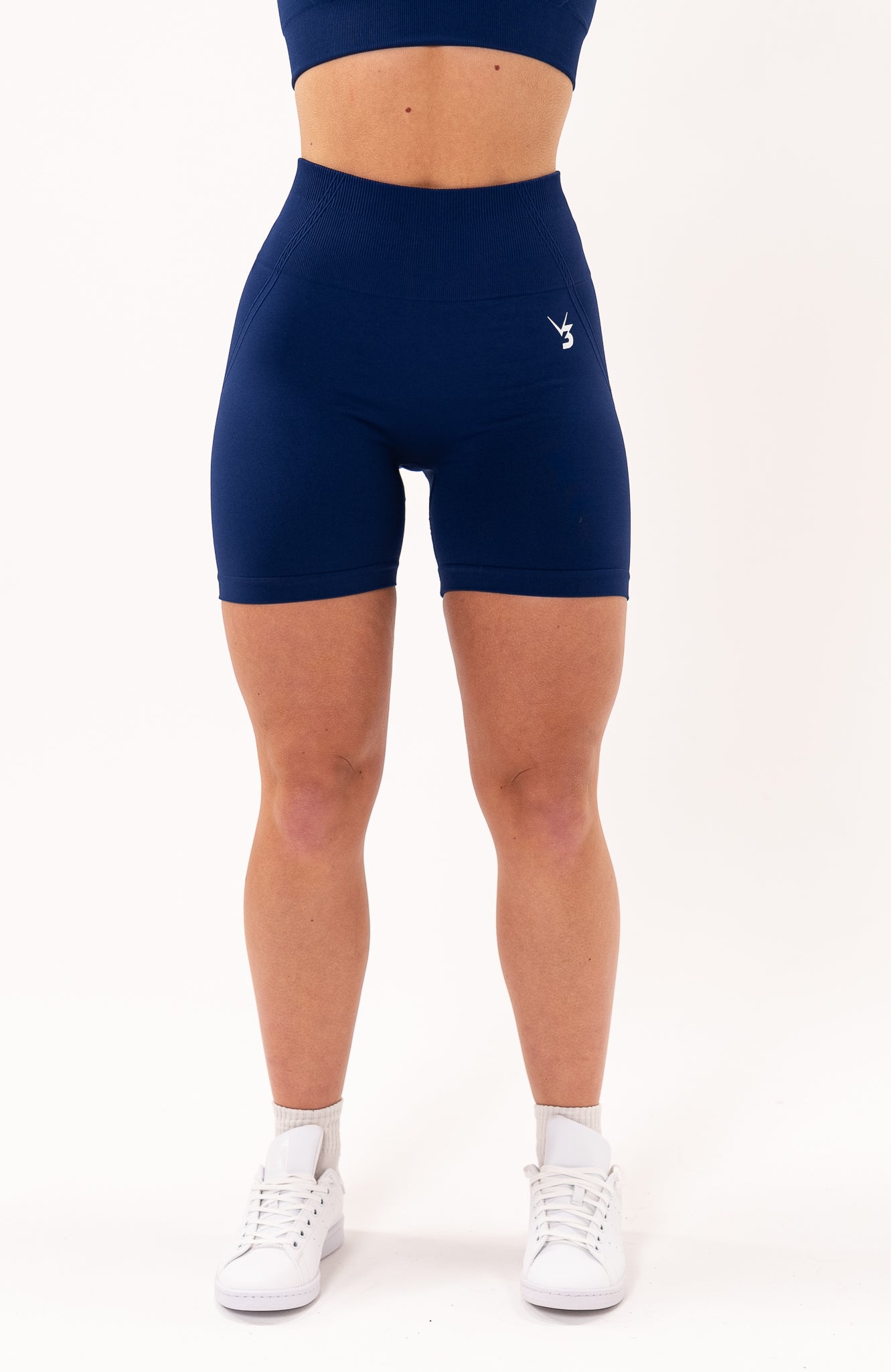 V3 Apparel Women's Tempo seamless scrunch bum shaping high waisted cycle shorts in navy royal blue – Squat proof 5 inch leg gym shorts for workouts training, Running, yoga, bodybuilding and bikini fitness.