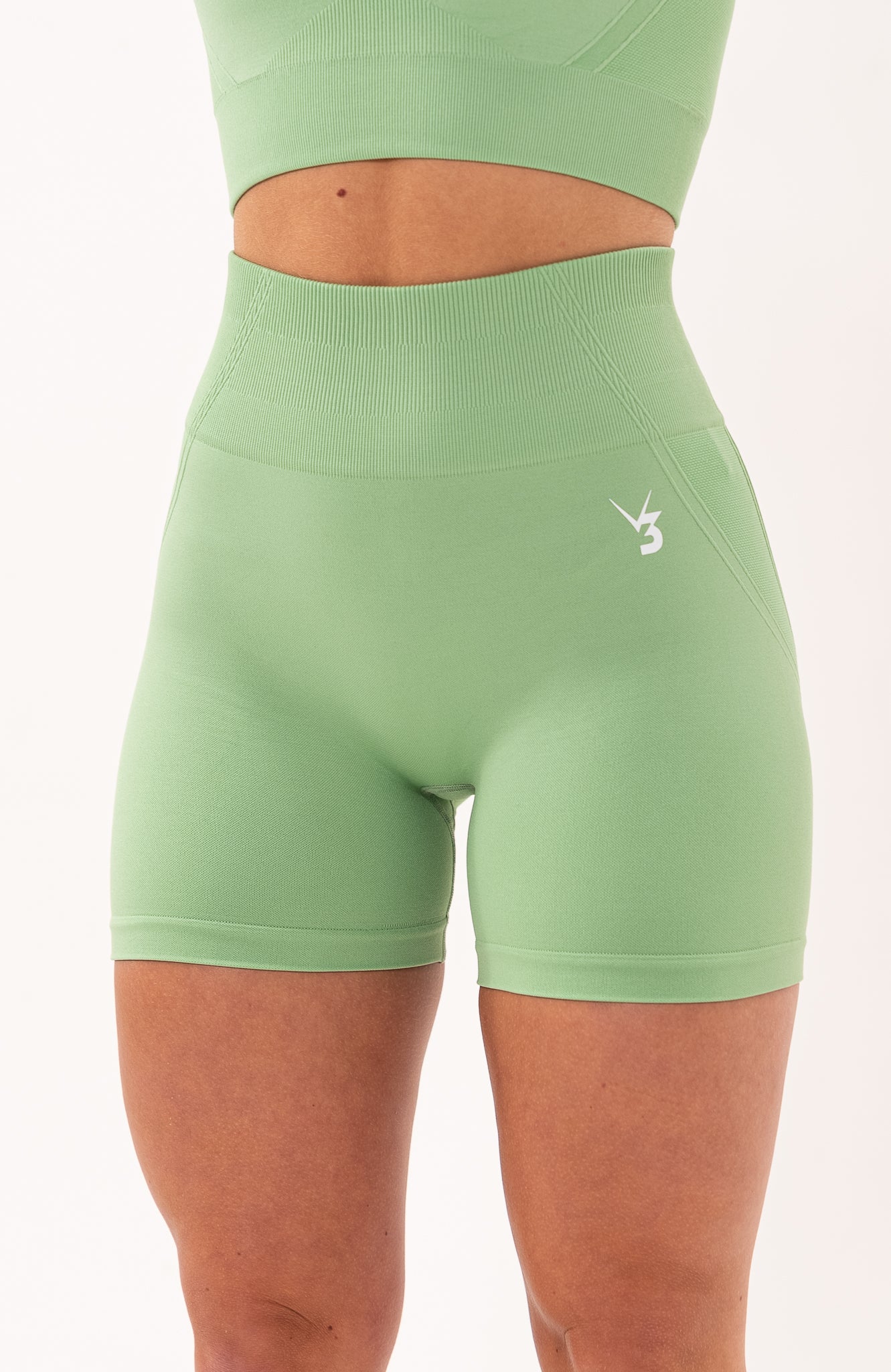V3 Apparel Women's Tempo seamless scrunch bum shaping high waisted cycle shorts in mint green – Squat proof 5 inch leg gym shorts for workouts training, Running, yoga, bodybuilding and bikini fitness.