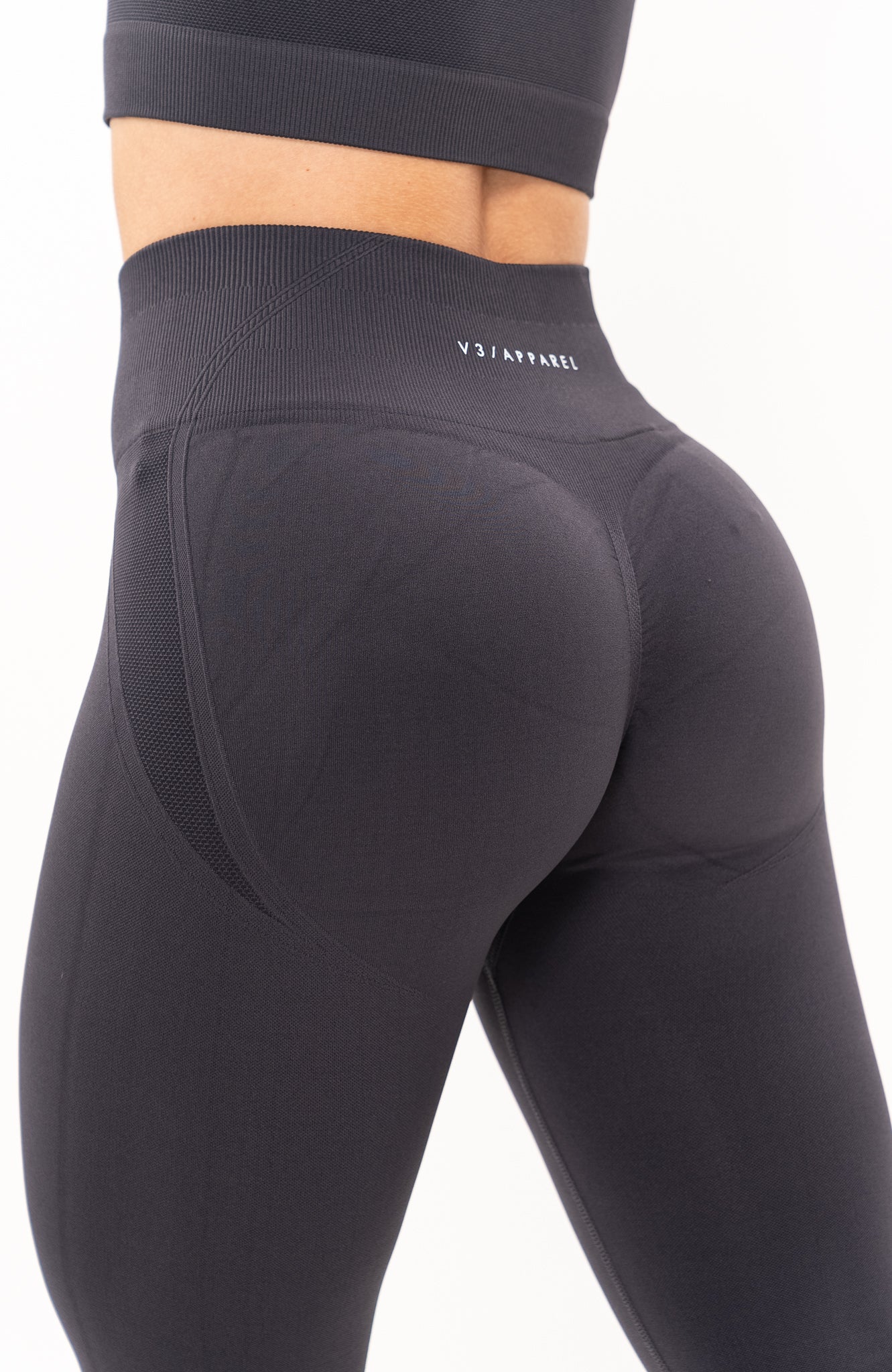 V3 Apparel Women's Tempo seamless scrunch bum shaping high waisted leggings in charcoal grey – Squat proof sports tights for Gym workouts training, Running, yoga, bodybuilding and bikini fitness.