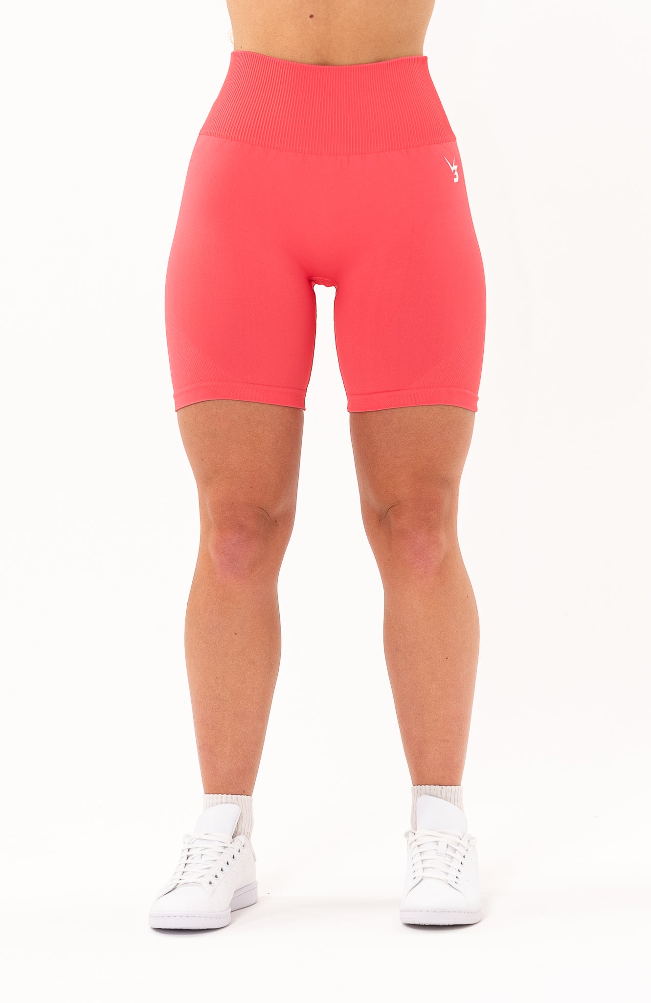 V3 Apparel Women's seamless Limitless high waisted cycle shorts in coral pink – Squat proof 5 inch inseam leg bum enhancing shorts for Gym workouts training, Running, yoga, bodybuilding and bikini fitness.